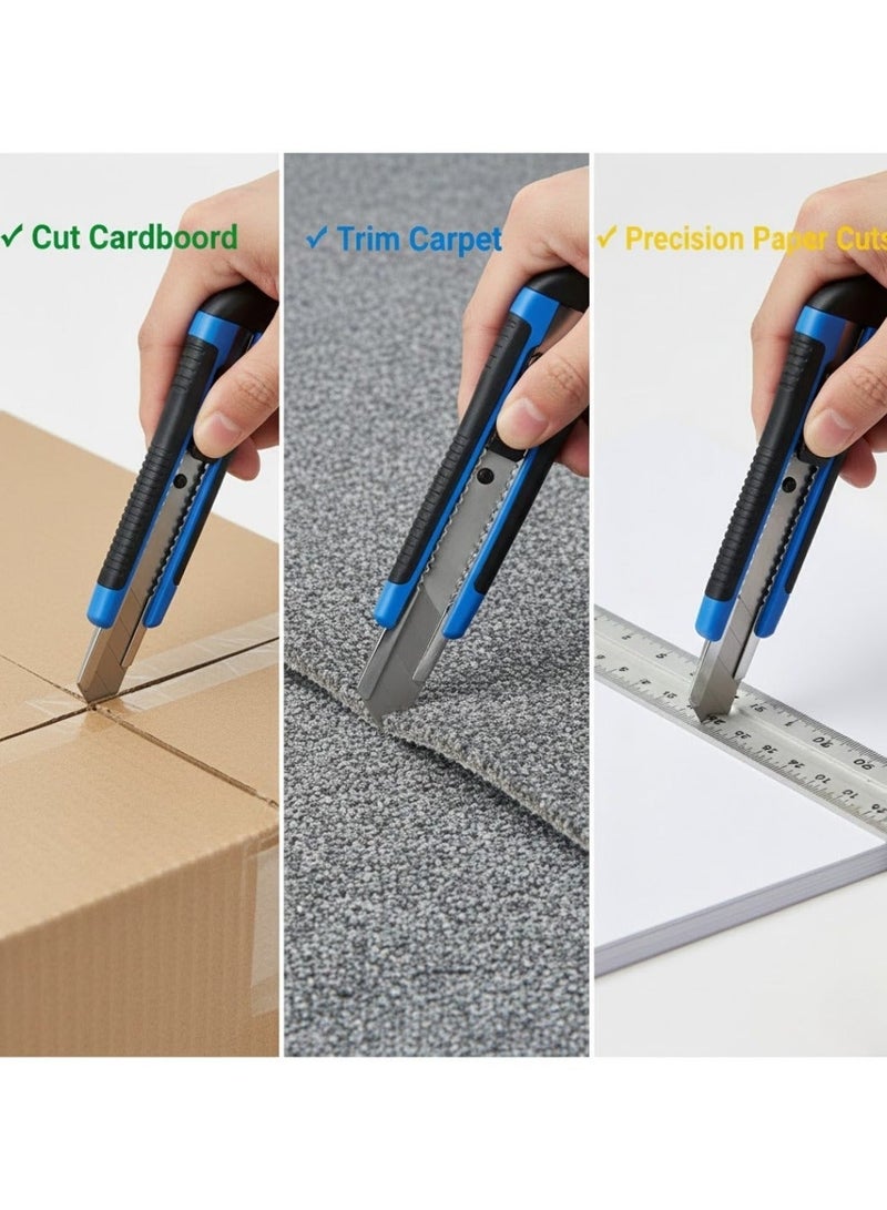 لوكاداه سكين متعدد الاستخدامات شديد التحمل مقاس 18 مم بشفرات قابلة للكسر، طقم قاطع كرتون احترافي مع شفرات احتياطية، مقبض مطاطي مانع للانزلاق، قبضة مريحة وسكين حرفي حاد قابل للسحب، أداة قطع مثالية للكرتون والسجاد والمستودعات ومناطق التعبئة والتغليف والبلاستيك، للاستخدام المنزلي والمكتبي - Image 5